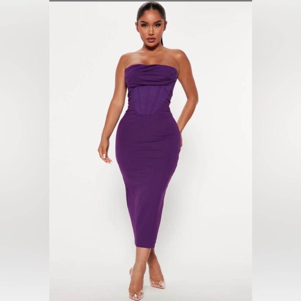 Plum Strapless Corset Style Midi Dress